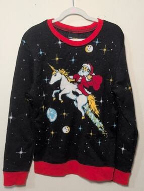 Fifth Sun Ugly Christmas Sweater Black Red Santa Riding a Unicorn Kids Size L